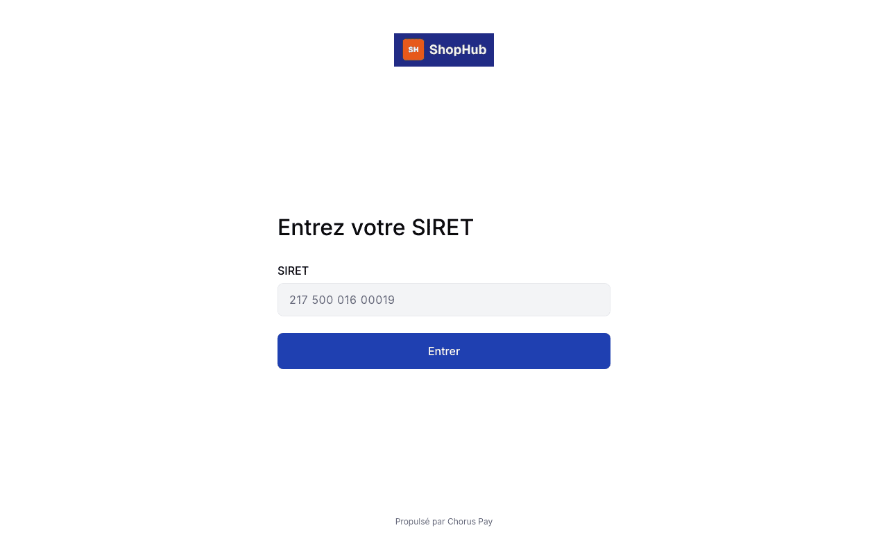 Page Chorus Pay vue par la collectivité : identification par SIRET