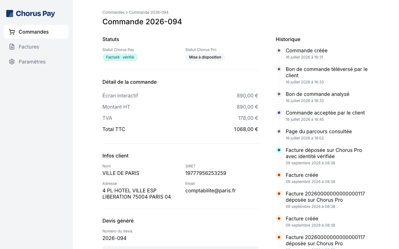 Détail d'une commande Chorus Pay : statuts, montants, historique