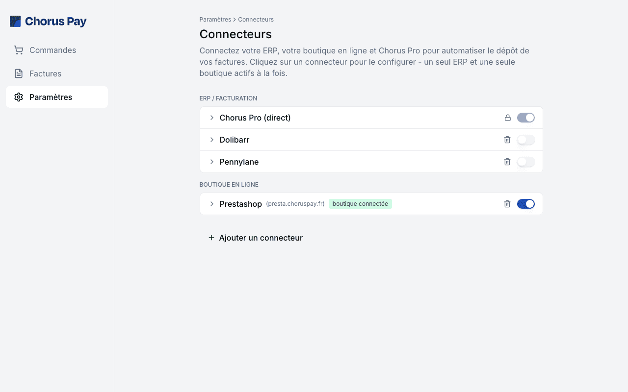 Page Connecteurs du compte Chorus Pay : Chorus Pro direct, Dolibarr, Pennylane, PrestaShop